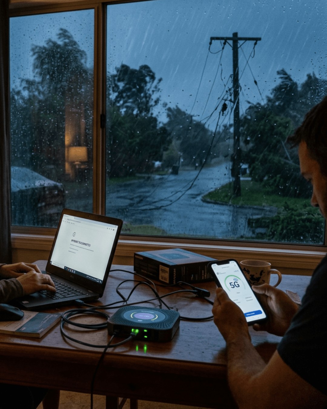 Une personne se connecte en 5G via son mobile car la tempête a endommagé l'antenne fibre