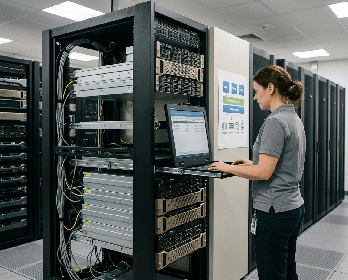 Informaticienne travaillant sur des baies de serveurs physiques