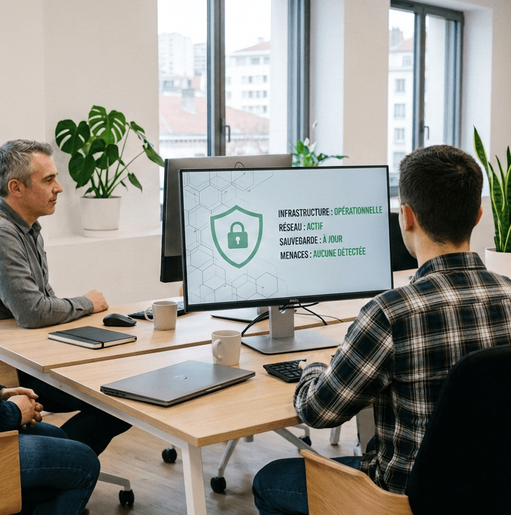 Une équipe est en face d'un ordinateur leur indiquant que l'infrastructure informatique est protégée