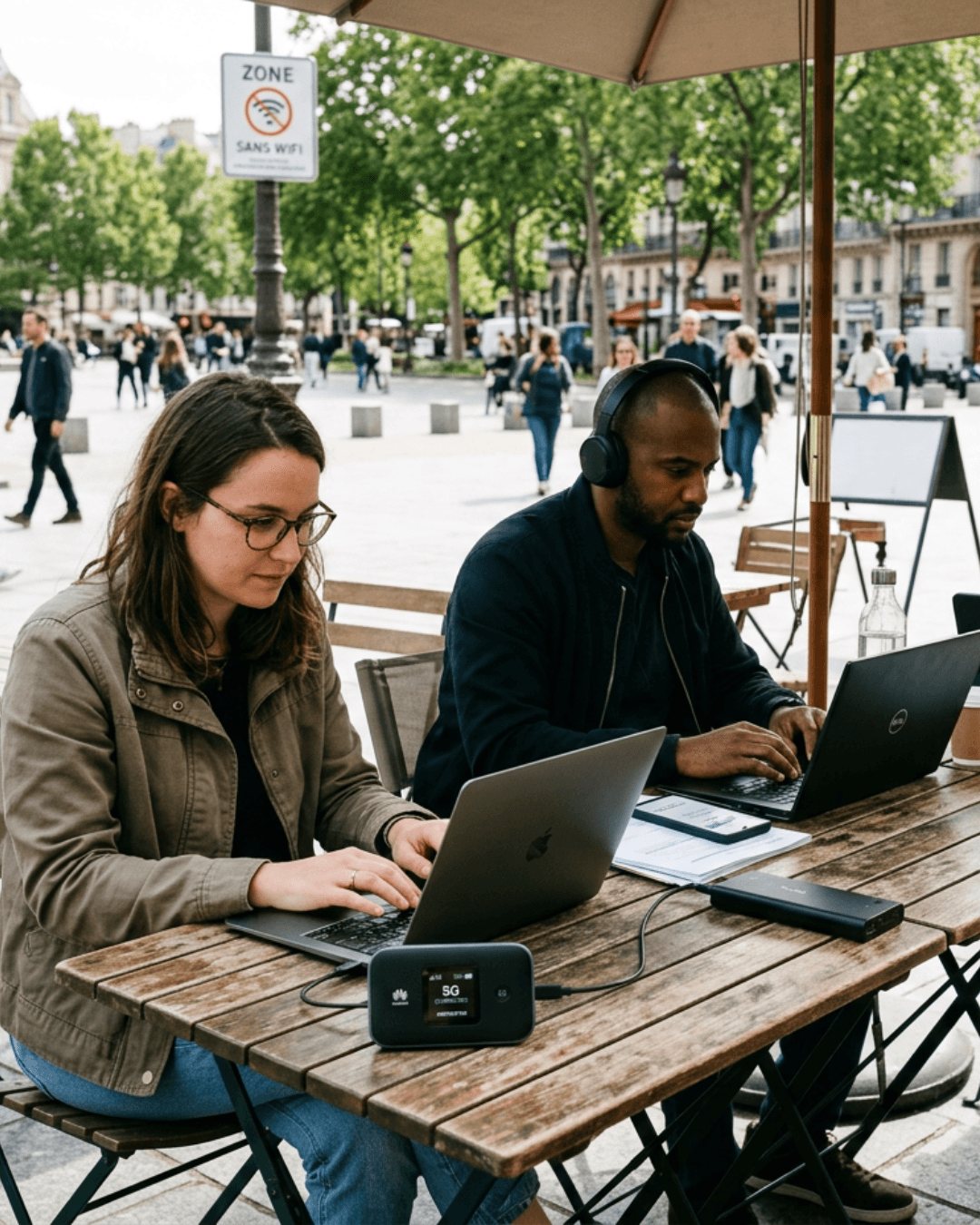 Travailleurs dans un café sans wifi, bénéficiant d'un routeur 5G
