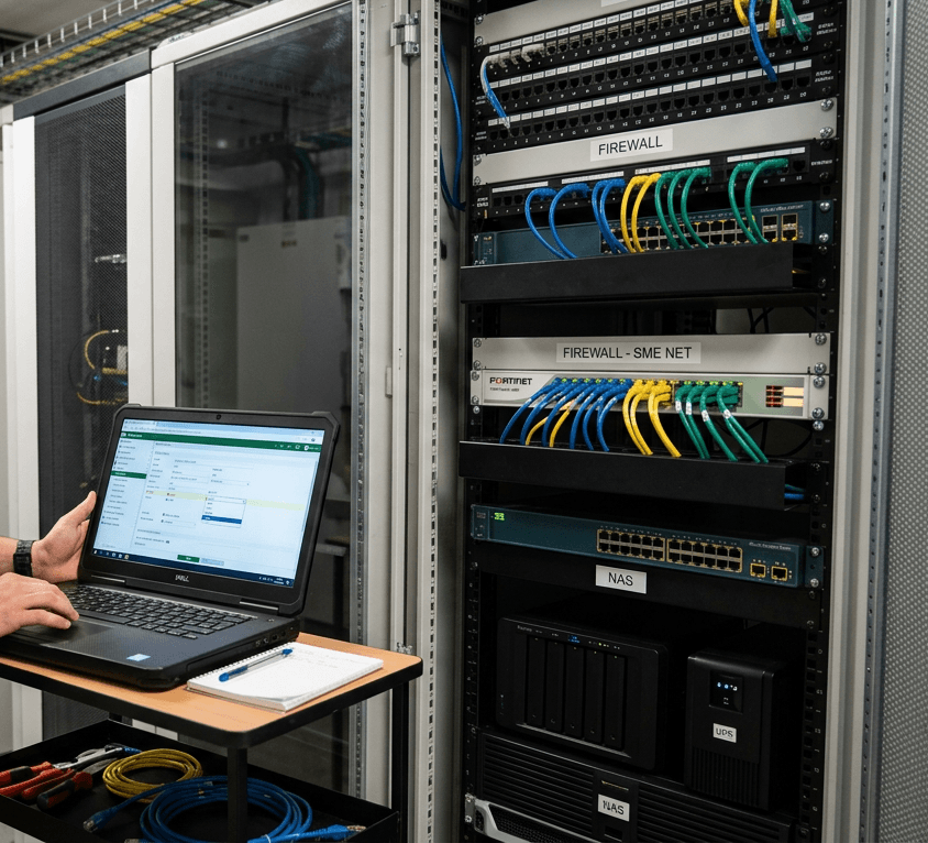 Un technicien intervient sur un pare-feu dans une baie informatique