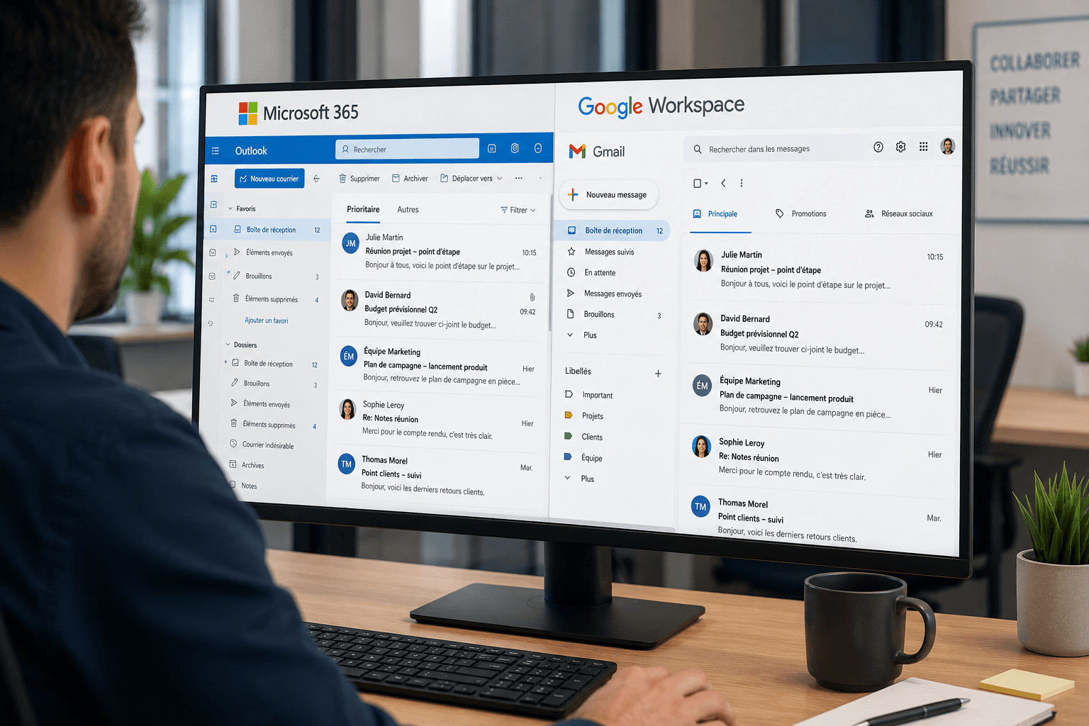 Ordinateur de bureau présentant Microsoft 365 & Google Workspace