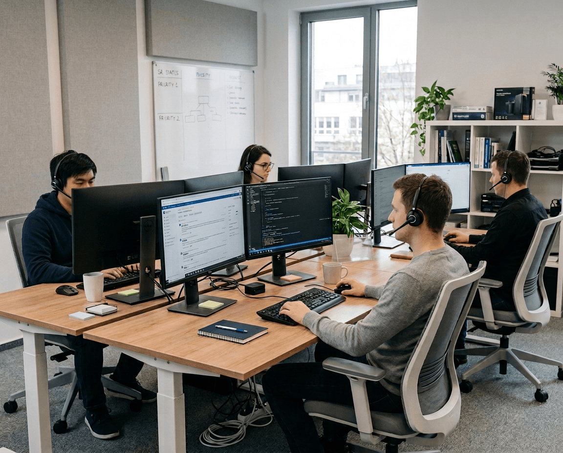 Equipe de support technique travaillant sur ordinateur