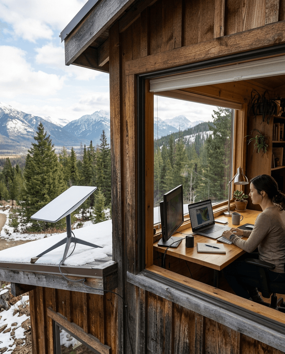 Personne travaillant au coeur de la montagne grâce à sa connexion satellite